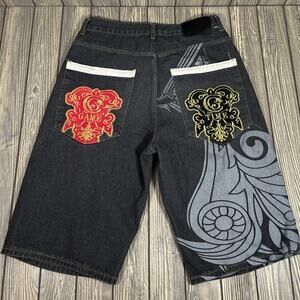 Game Time Y2K Mens Shorts Grunge Skater Streetwear 34 Graphic Black Denim